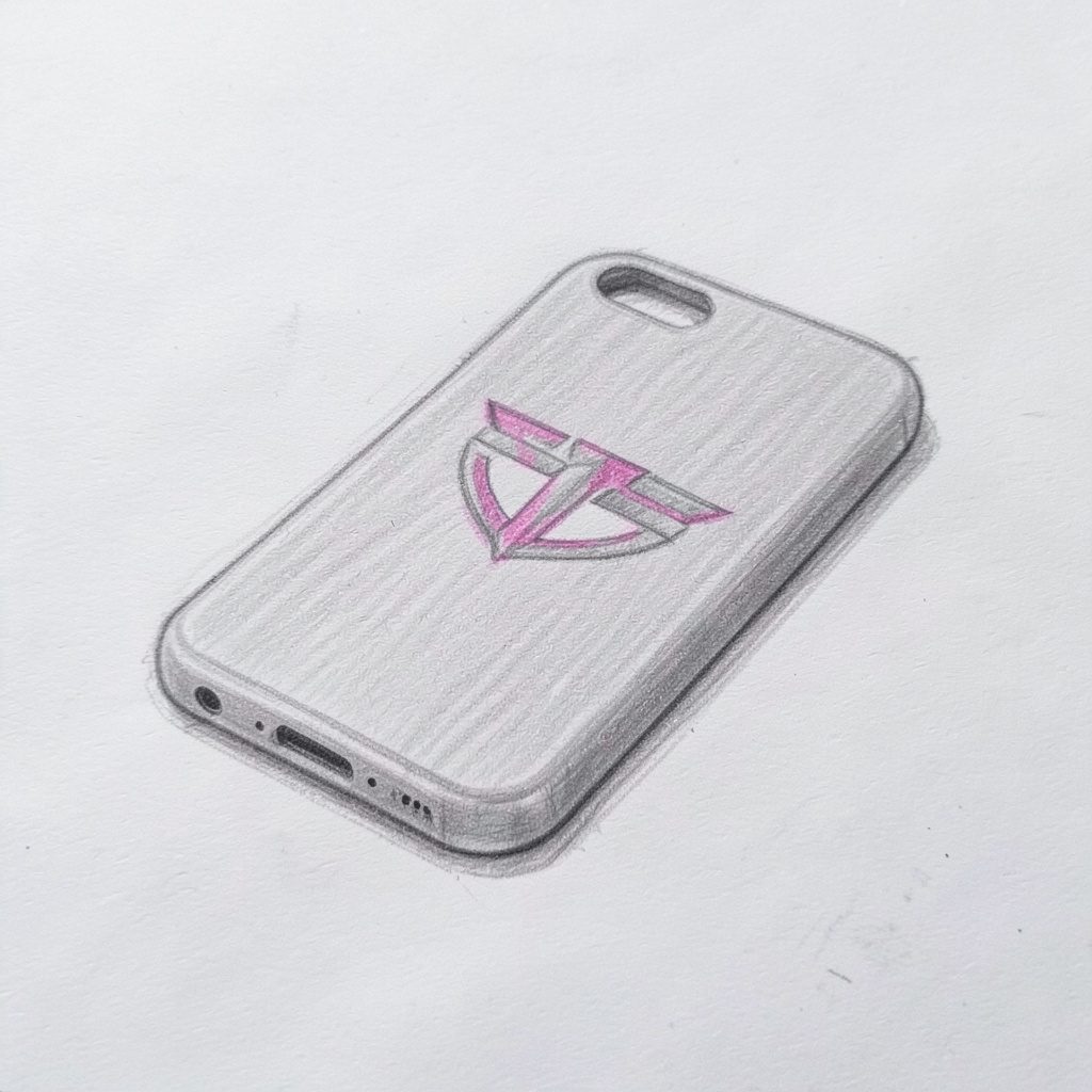 Pencil sketch of a slim rectangular phone case resting on a flat surface, shaded in pale grey graphite tones with a calm, minimal mood