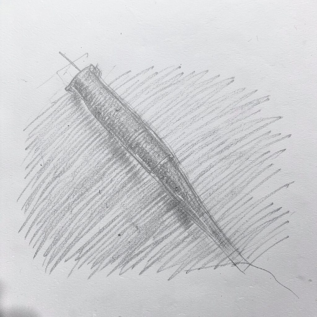 Pencil sketch of a camouflage patterned snapback cap viewed from the side, drawn in muted grey graphite tones
